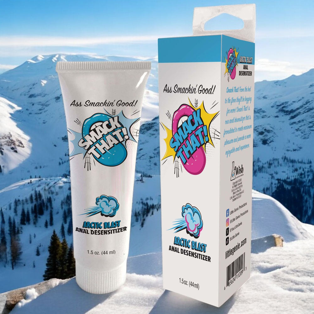 Smack That! Anal Desensitiser - Arctic Blast - Cooling Anal Desensitiser - 44 ml Tube with snowy mountain background.
