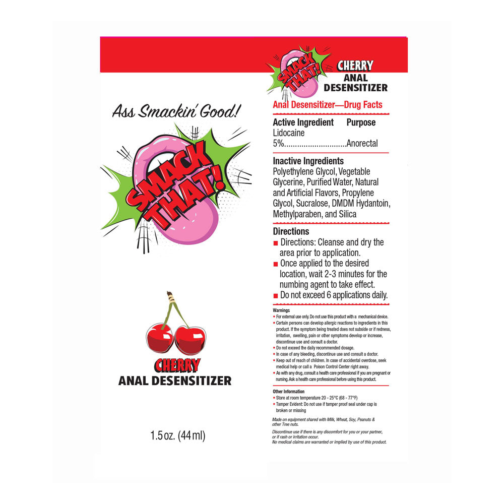 Smack That! cherry flavoured anal desensitiser product label featuring ingredients and usage directions.