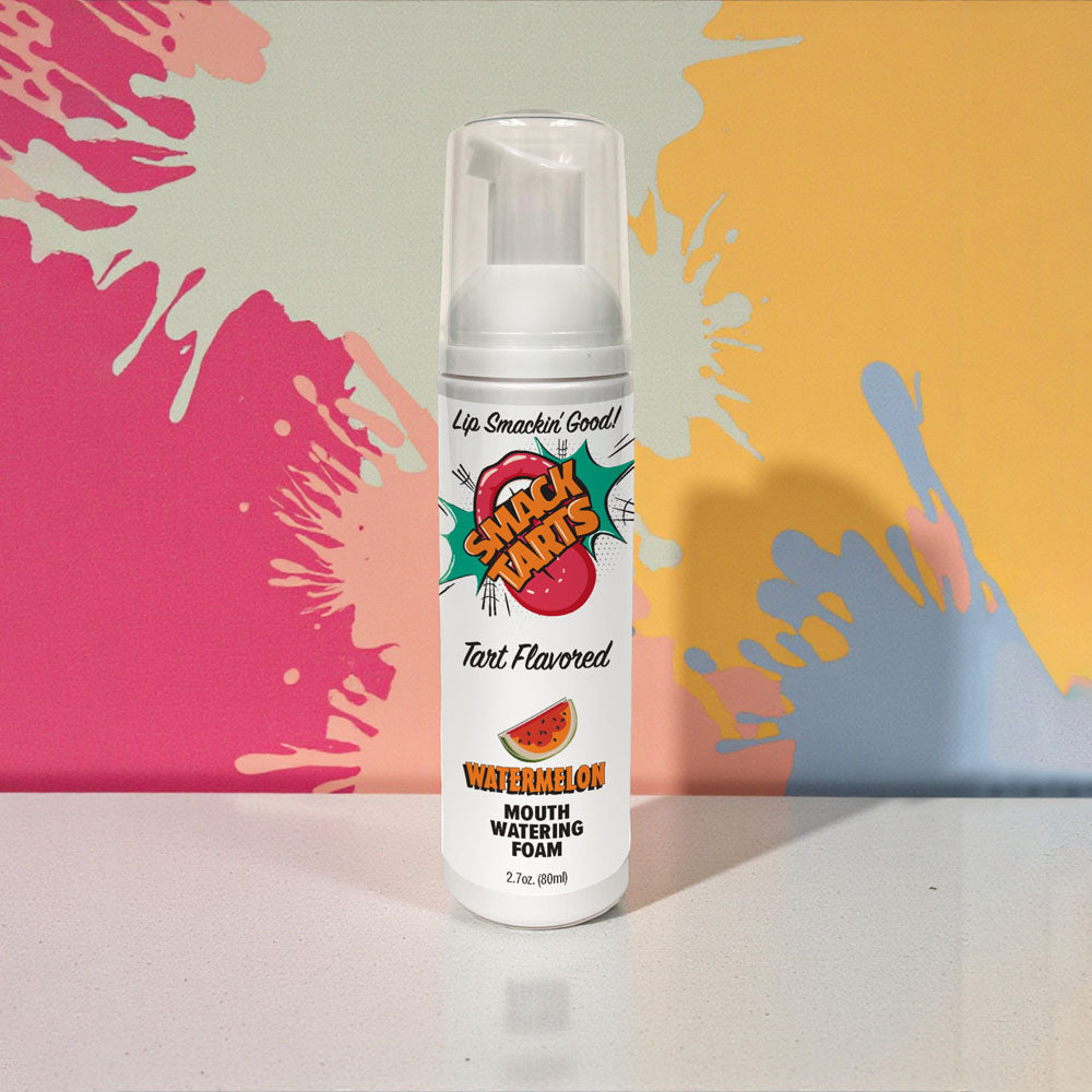 Smack Tarts Mouthwatering Foam - Sour Watermelon oral lubricant in 80 ml bottle against colorful background.