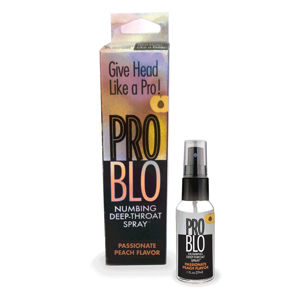 ProBlo Deep Throat Spray - Peach - Peach Flavoured Deep Throat Spray - 30 ml packaging and bottle image.