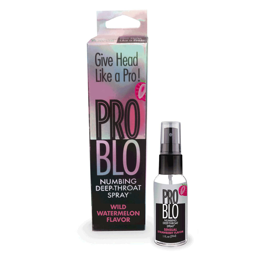 ProBlo Deep Throat Spray - Strawberry - Strawberry Flavoured Deep Throat Spray - 30 ml packaging and bottle