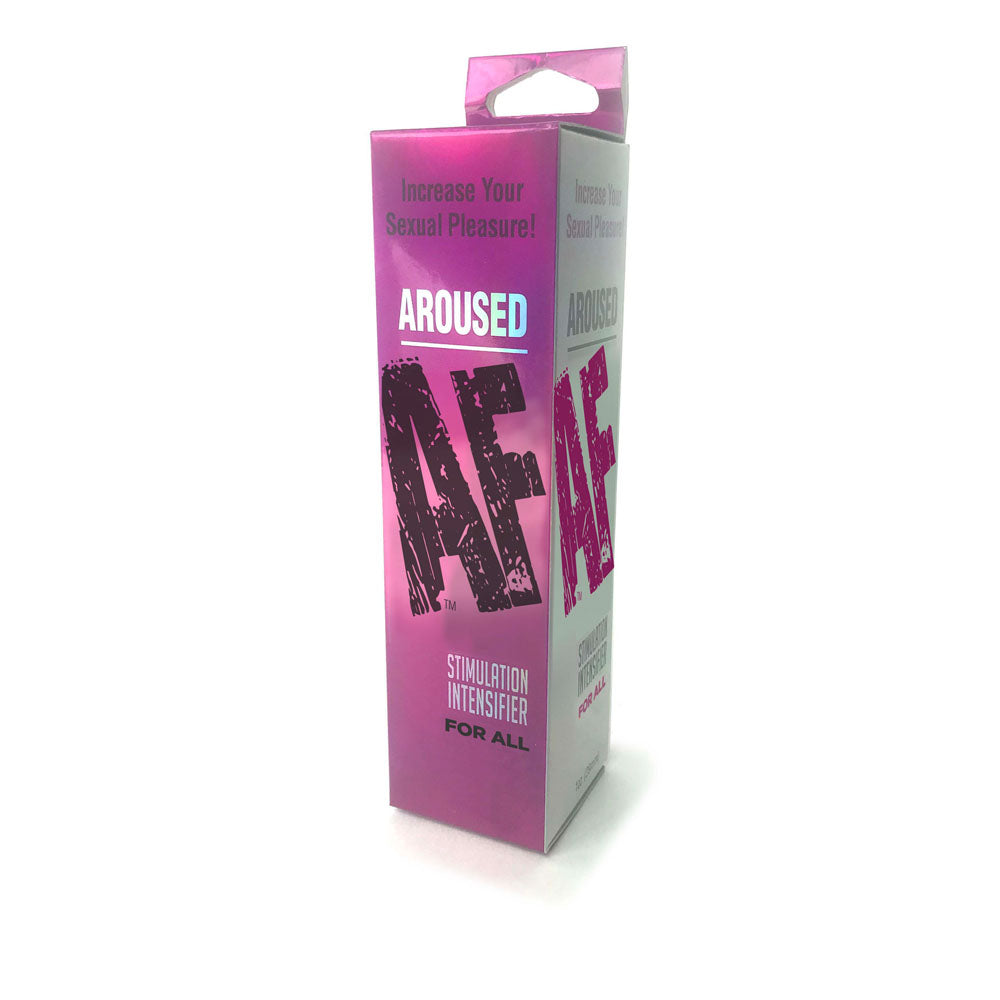 Aroused AF - Couples Stimulation Cream - 44 ml (1.5oz) Tube packaging design featuring bold text and vibrant colors.