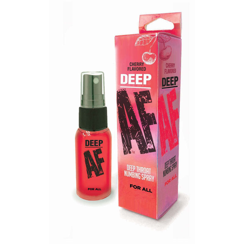 Deep AF - Cherry - Cherry Flavoured Deep Throat Spray - 29 ml bottle and packaging for reducing gag reflex.