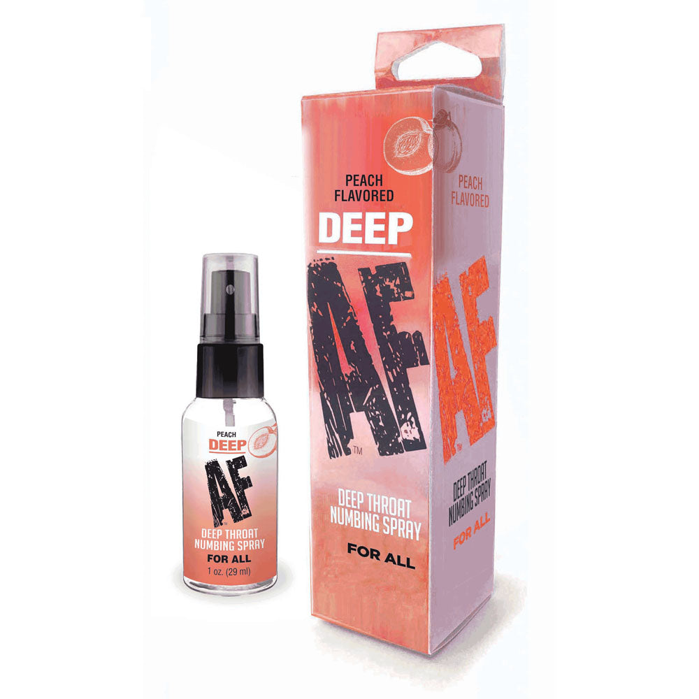 Deep AF - Peach - Peach Flavoured Deep Throat Spray - 29 ml with packaging and spray bottle.