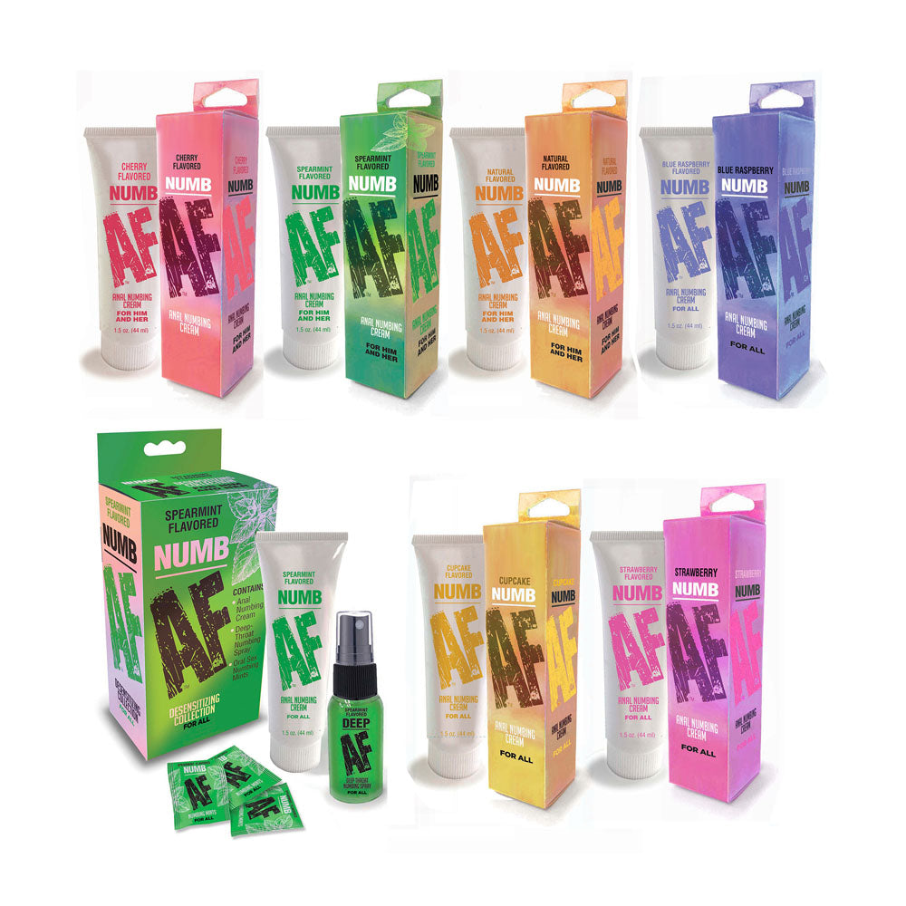Collection of Numb AF anal numbing creams in various flavors, including cupcake flavored anal numbing cream.