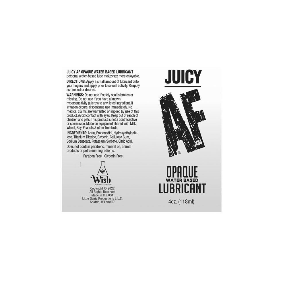 Juciy AF - Waterbased Opaque Lube - 118 ml - Waterbased Cum Lube - 118 ml product label and instructions.