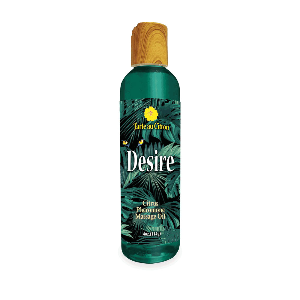 Desire Pheromone Massage Oil - Citrus Scented Pheromone Massage Oil - 118 ml bottle with tropical design.