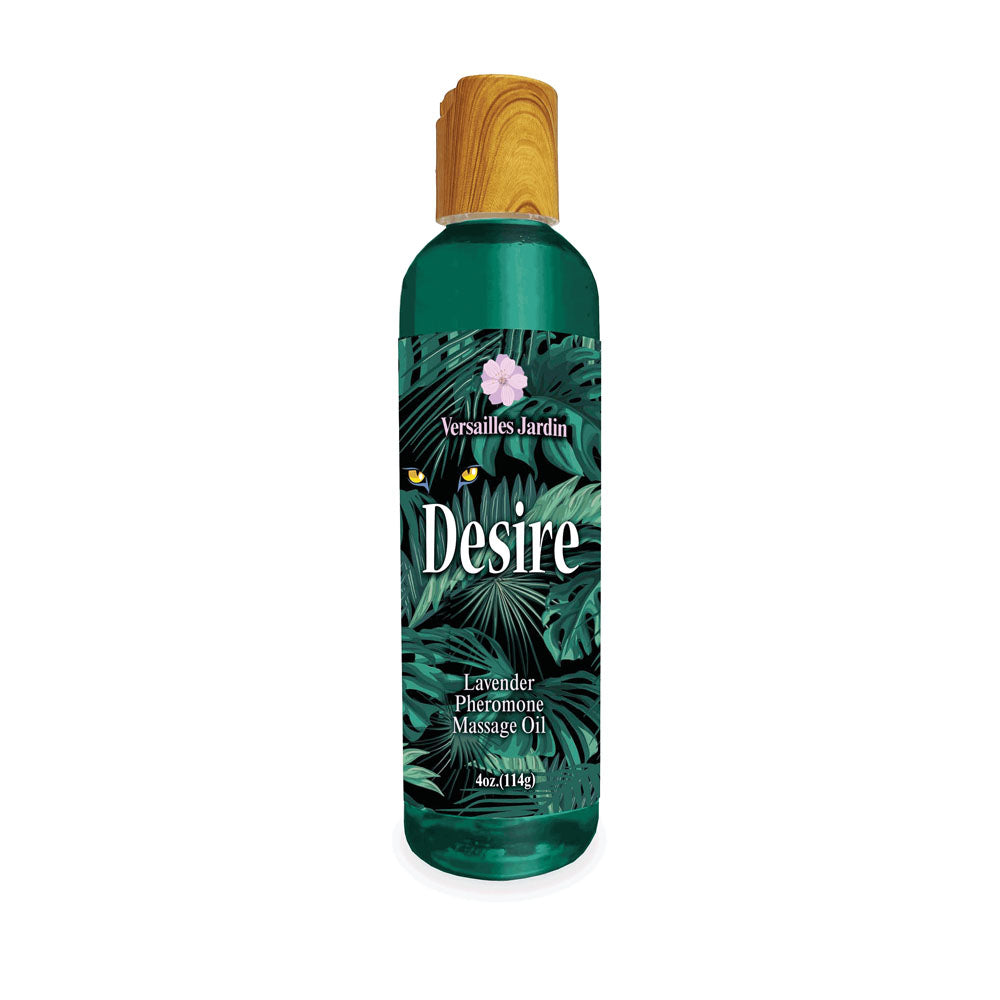 Desire Pheromone Massage Oil - Lavender Scented Pheromone Massage Oil - 118 ml in a green bottle with a wooden cap.