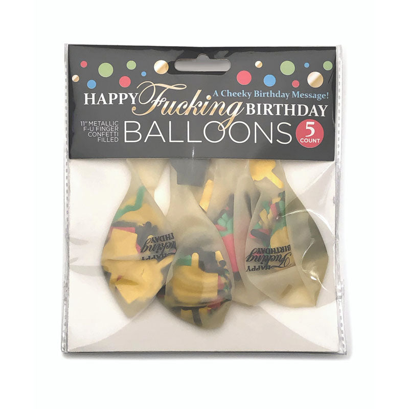 Happy Fucking Birthday Confetti Balloons - Party Balloons - Set of 5 in a playful packaging with colorful confetti.