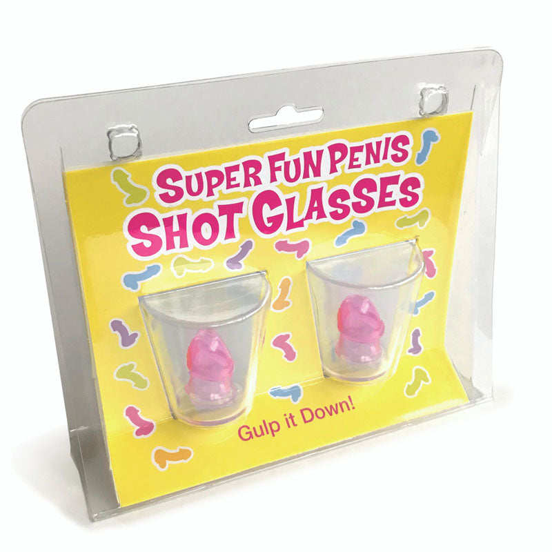 Super Fun Penis Shot Glasses set of 2 with pink dicks inside, perfect for parties and celebrations. Fun penis shot glasses.