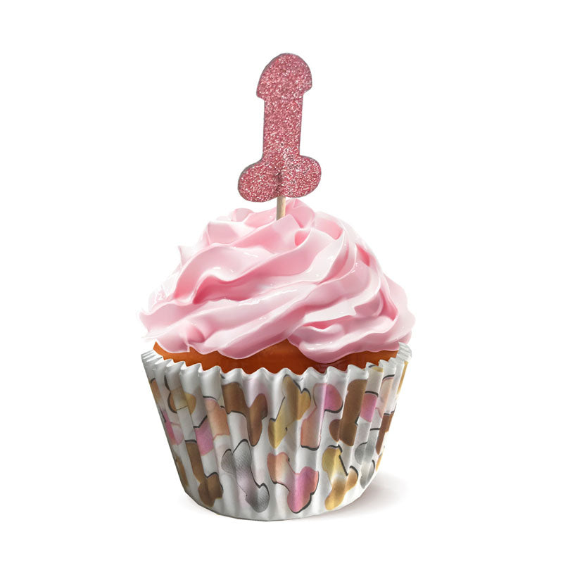 Glitterati - Penis Party Cupcake Set - Party Cupcake Set - Set of 24 with pink frosting and glittery penis topper
