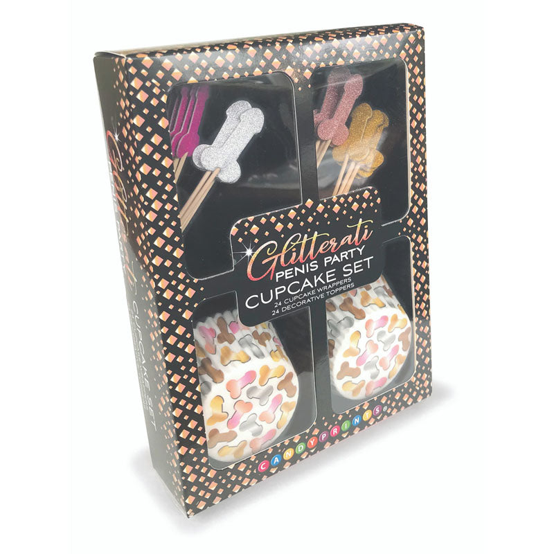 Glitterati - Penis Party Cupcake Set - Party Cupcake Set - Set of 24 featuring colorful cupcake wrappers and playful toppers.