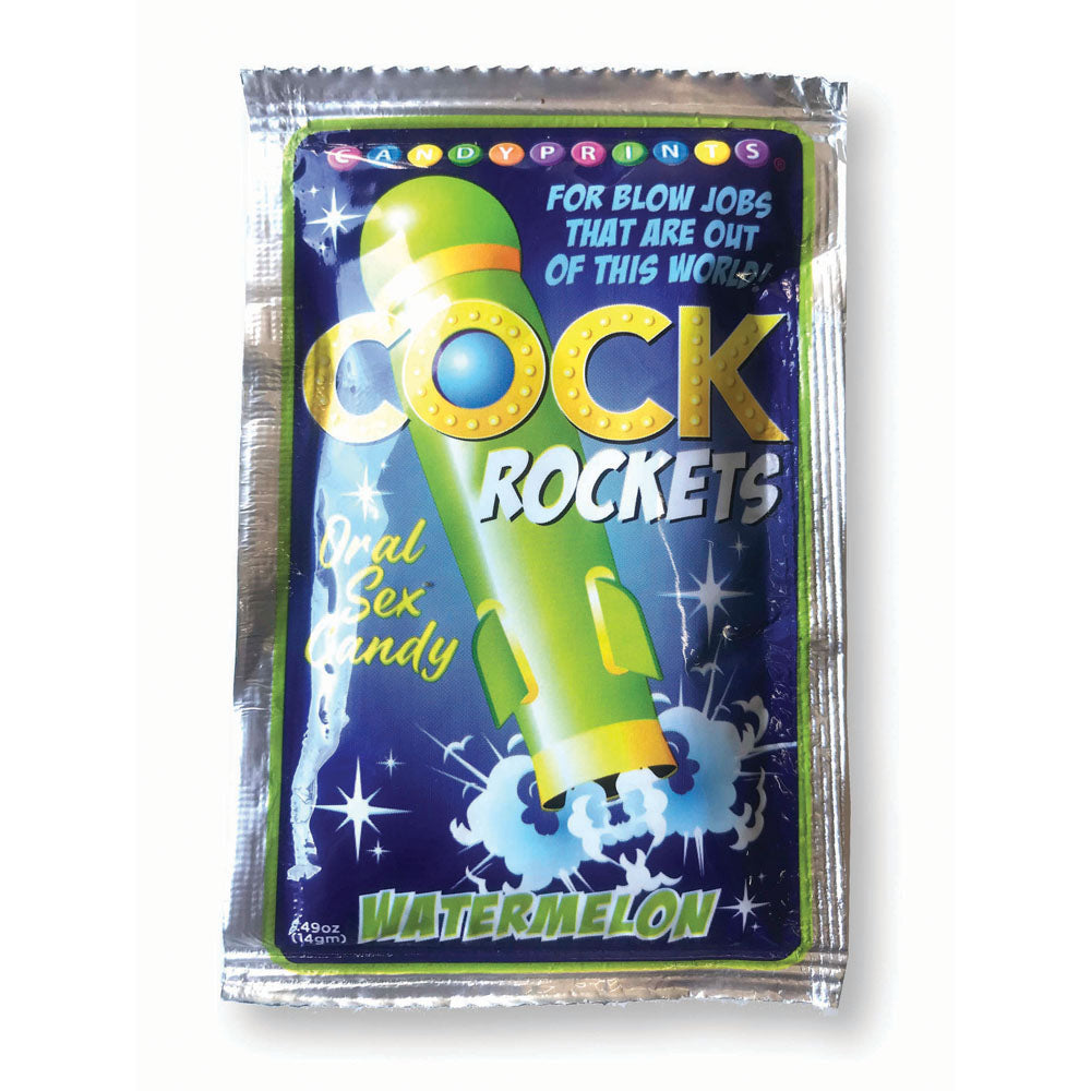 Cock Rockets Watermelon - Watermelon Flavoured Oral Sex Candy packaging for enhanced oral pleasures.