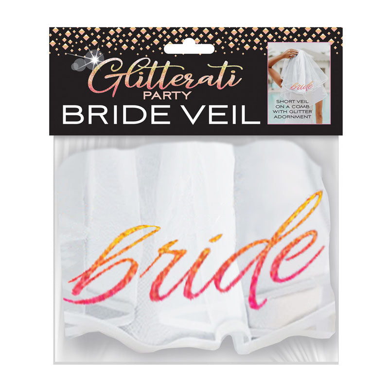 Glitterati - Bride Veil - Hens Party Novelty Veil in packaging showcasing the elegant design and vibrant 'bride' text.