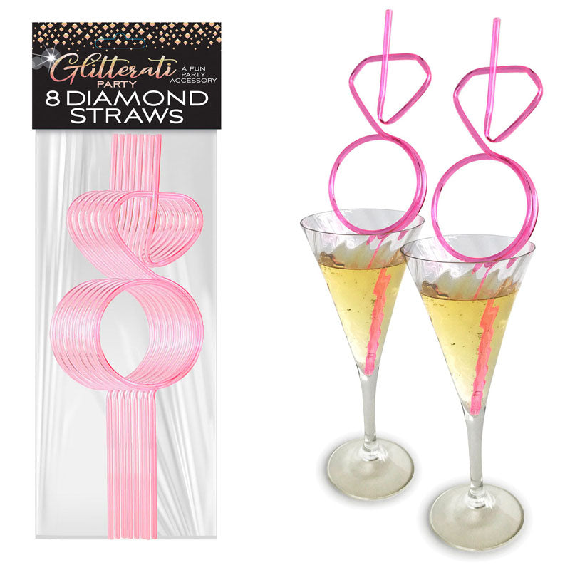 Glitterati - Diamond Ring Straws Set - Hens Party Novelty - Set of 8 with pink diamond-shaped twisty straws in elegant cocktails.