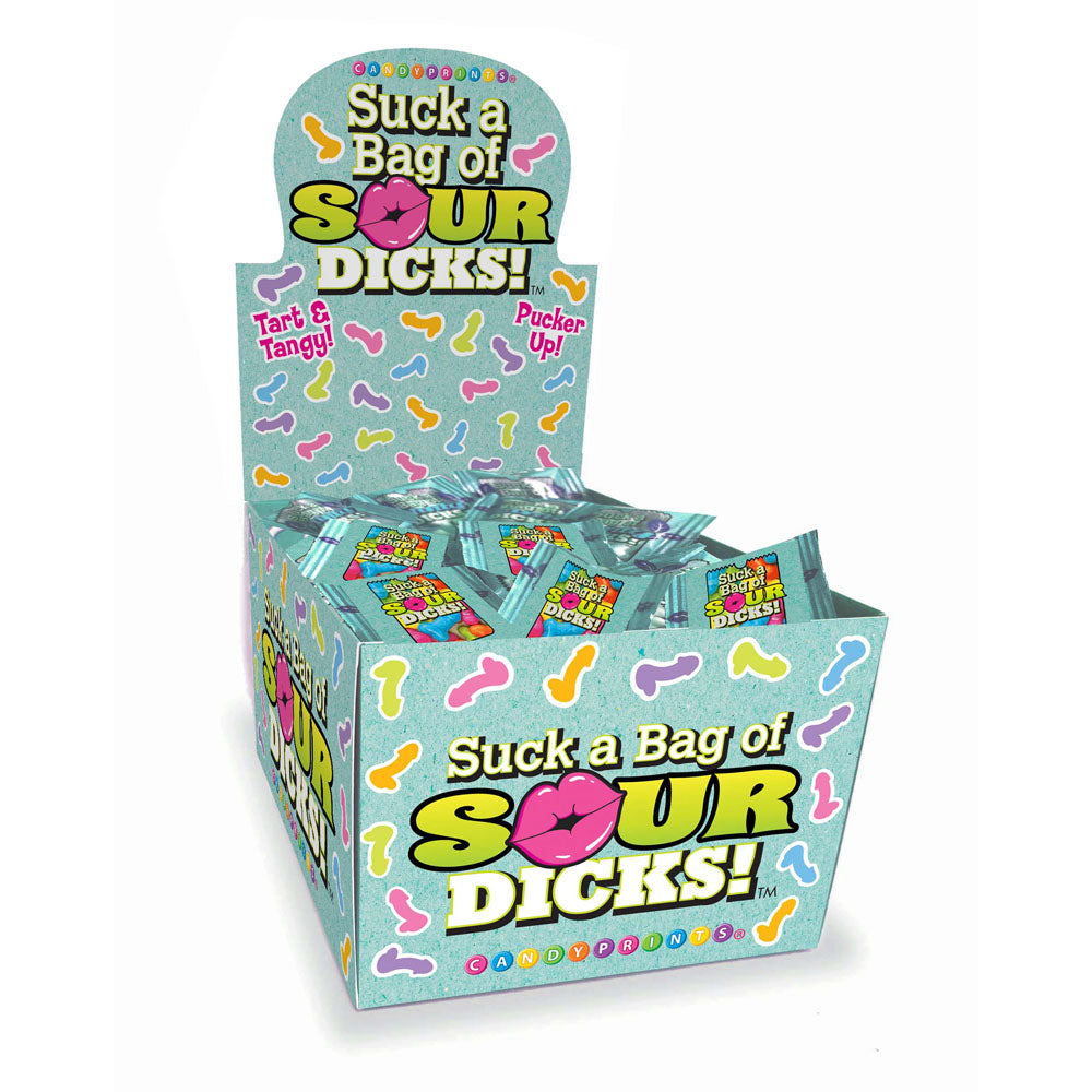 Suck A Bag Of Sour Dicks Counter Display - Sour Fruit Flavoured Lollies - Counter Display of 100 Party Packs.