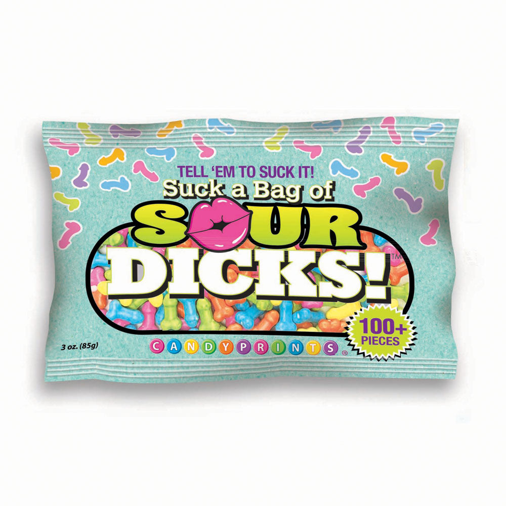 Suck A Bag Of Sour Dicks! - Novelty Pecker Lollies - 84 grams package with colorful candy pieces.