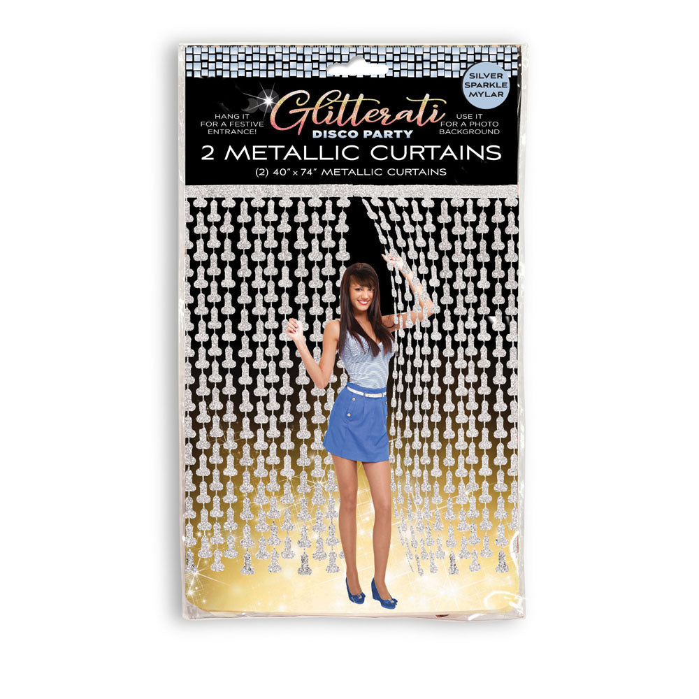 Glitterati - Penis Party Disco Metallic Curtains - Party Doorway Decoration - Set of 2 packaging with model and disco design.