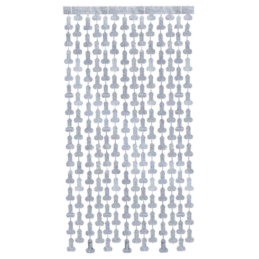 Glitterati - Penis Party Disco Metallic Curtains - Party Doorway Decoration - Set of 2 with silver foil design.