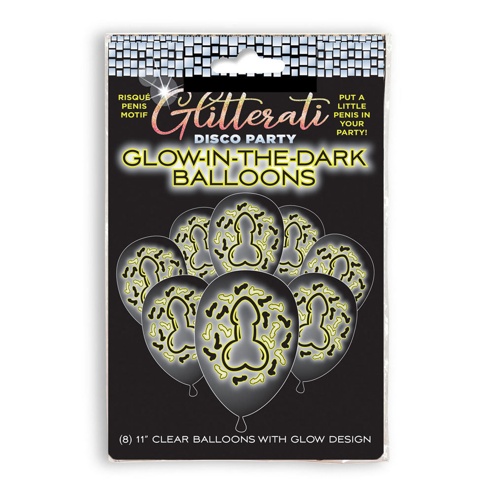 Glitterati Disco Party Glow In The Dark Balloons - Novelty Hens Party Balloons - 8 Pack packaging with balloons design.