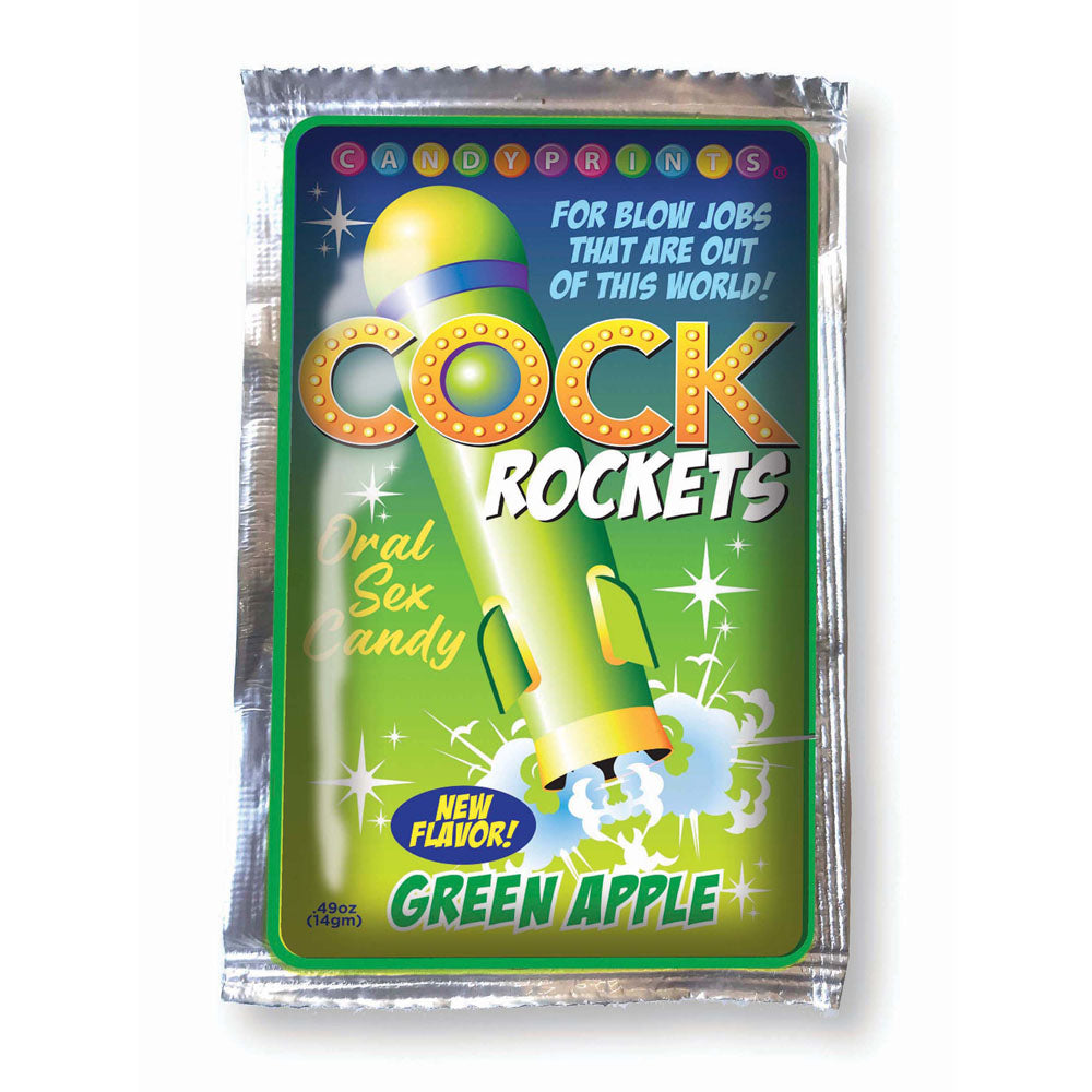 Cock Rockets Green Apple oral sex candy packaging, featuring bright colors and playful graphics for a fun experience.