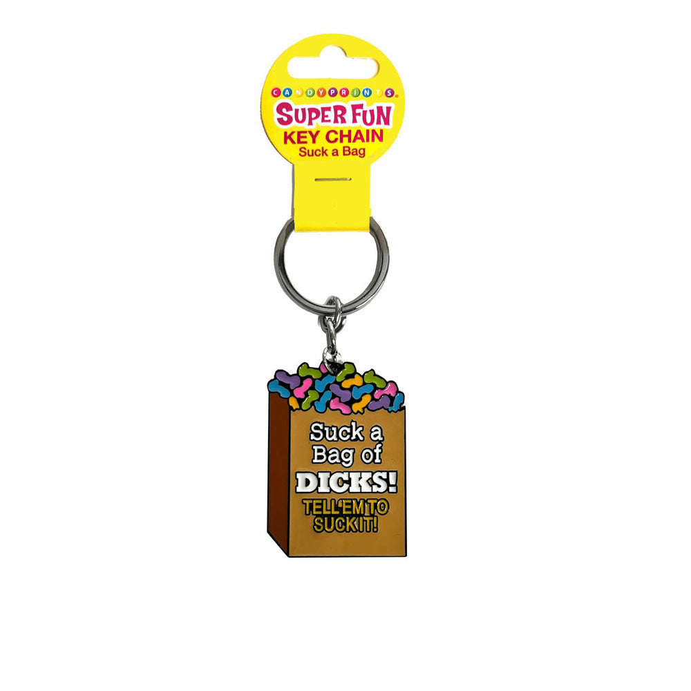 Super Fun Key Chain - Suck A Bag - Novelty Keychain featuring colorful design and fun text.