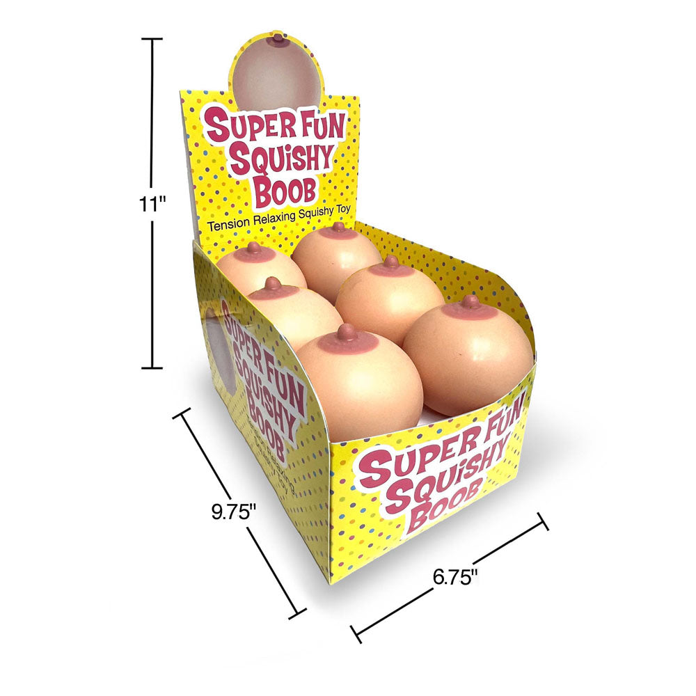 Super Fun Squishy Boobs - Counter Display - Boobie Stress Balls - Counter Display of 12 with dimensions and design.