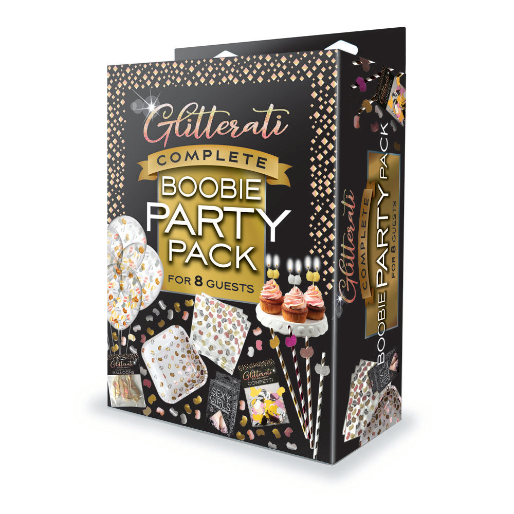 Glitterati Complete Boobie Party Pack - Party Set for 8 People featuring fun decorations and party essentials.