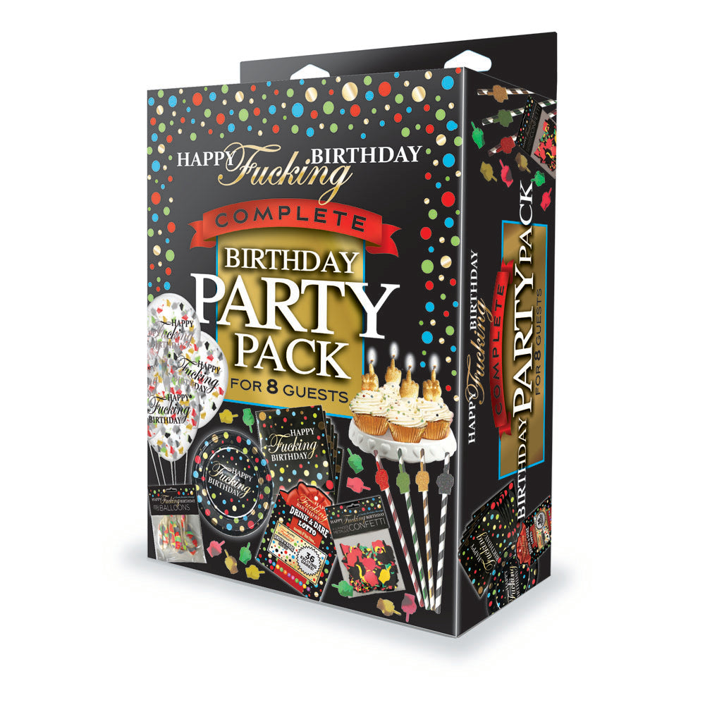 Happy F**king Birthday Complete Party Pack - Party Set for 8 People, colorful packaging for a fun celebration.