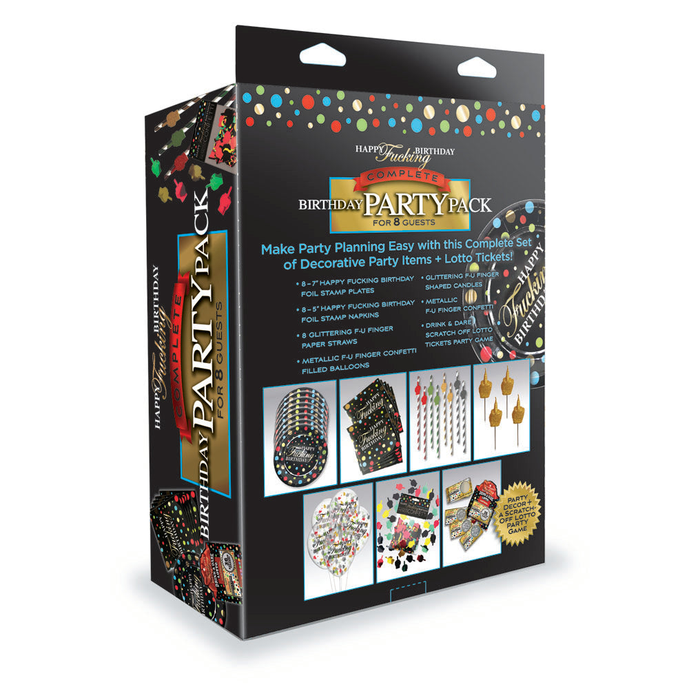 Happy F**king Birthday Complete Party Pack - Party Set for 8 People with decorative items and lotto tickets.
