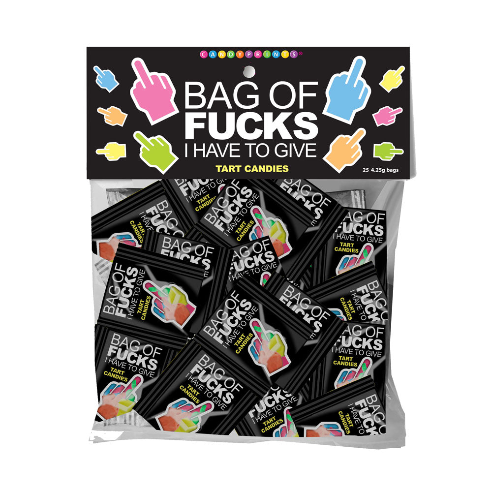 Funny fruit flavored candy bag with 25 packs of lollies featuring colorful middle fingers.