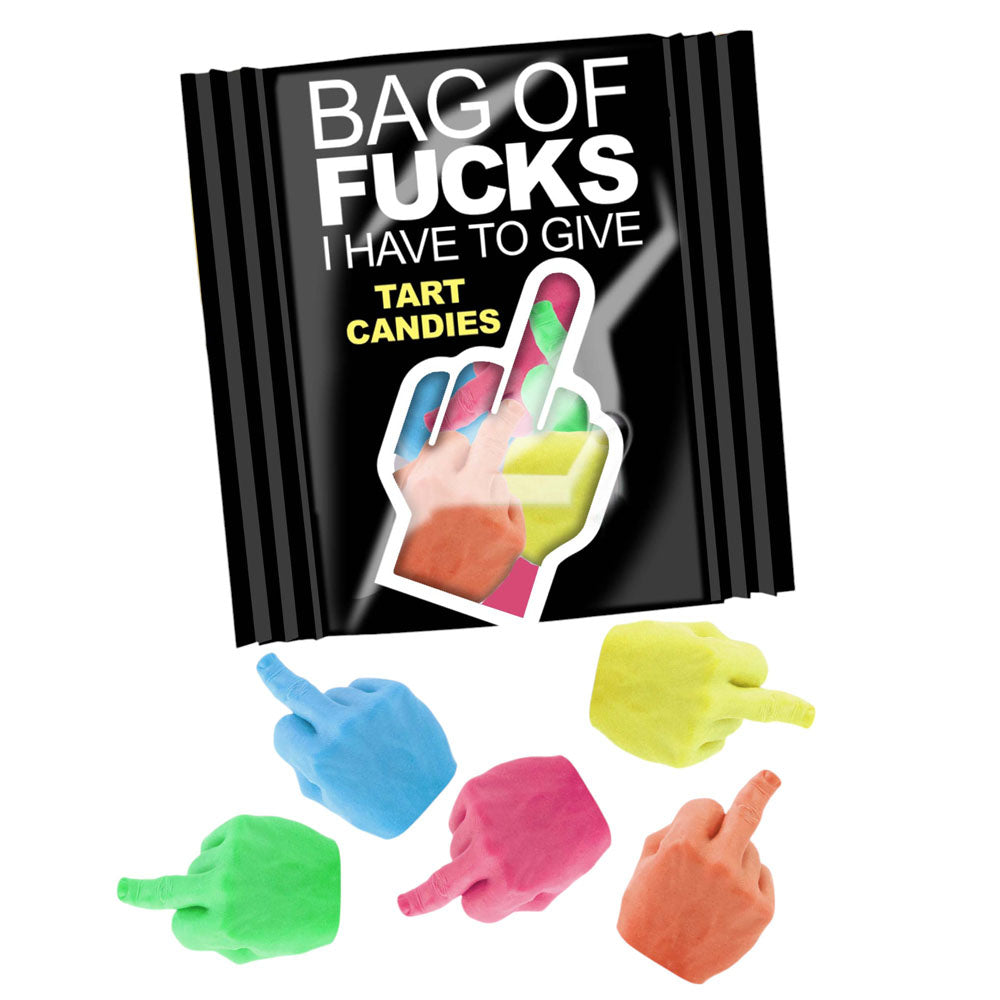 Bag of Fucks I Have To Give funny fruit flavored candy with colorful middle finger lollies and packaging.
