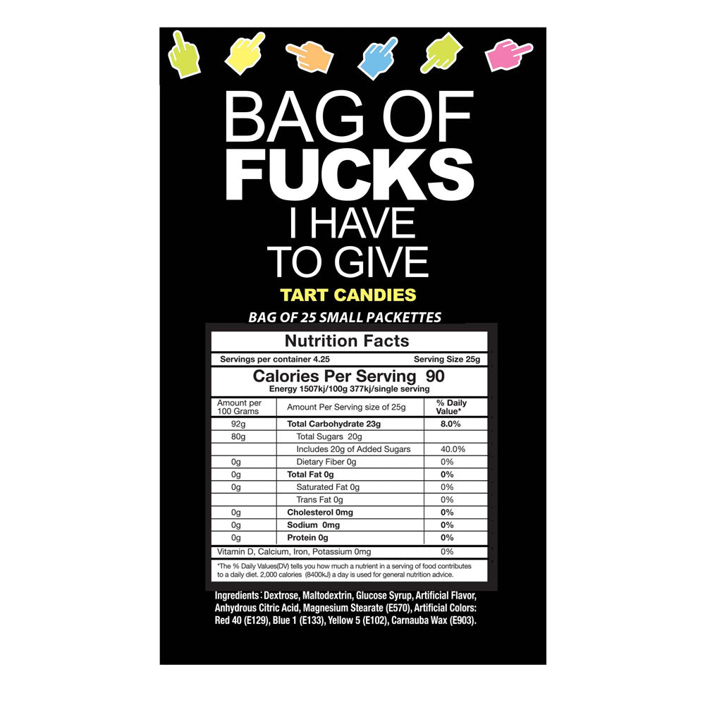 Product packaging for Bag of Fucks I Have to Give, featuring funny fruit flavored candy, nutrition facts, and mini packs.