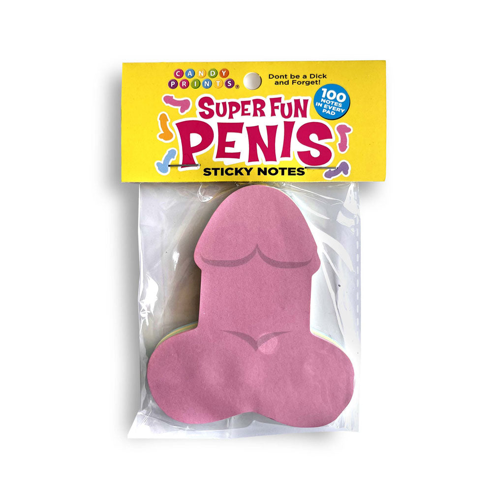 Super Fun Penis Sticky Notes - Multi  Novelty Sticky Notes - 100 Pack in vibrant packaging with pink sticky note.