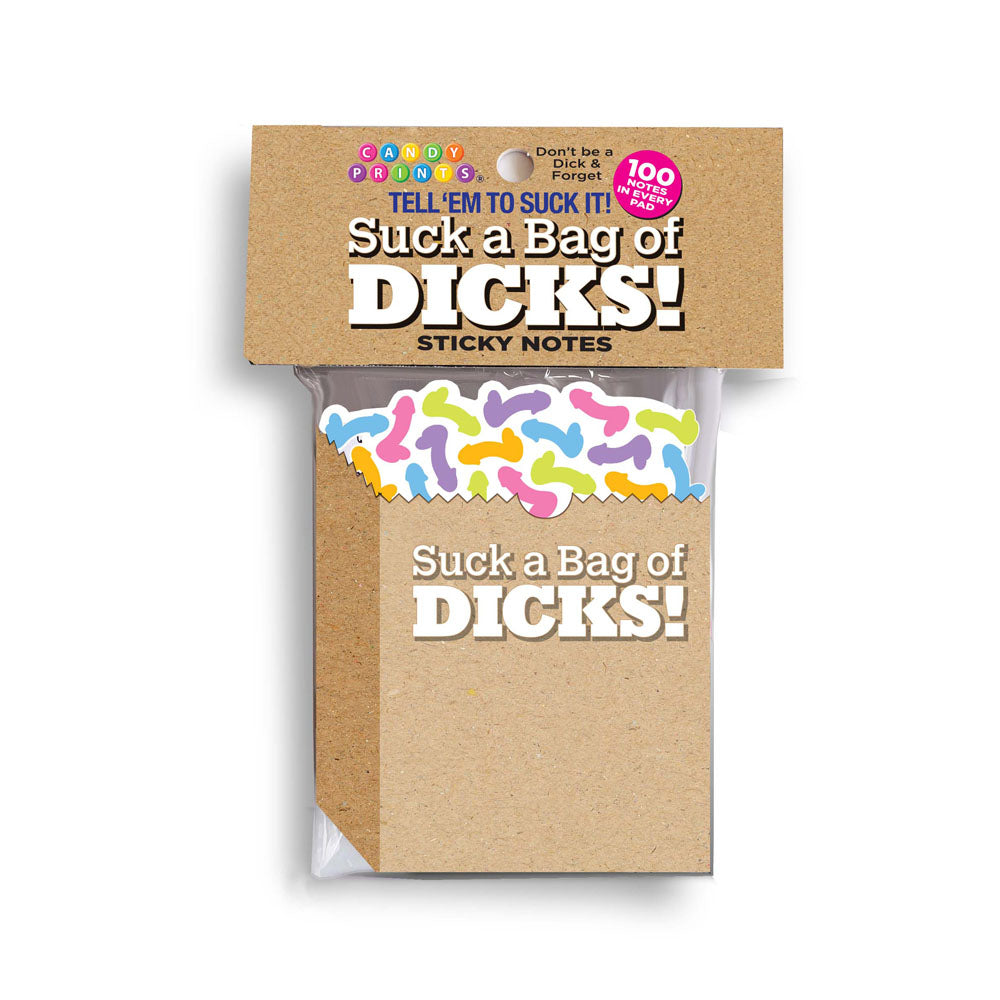 Suck A Bag Of Dicks! Sticky Notes - Novelty Sticky Notes - 100 Pack with colorful designs for fun reminders.
