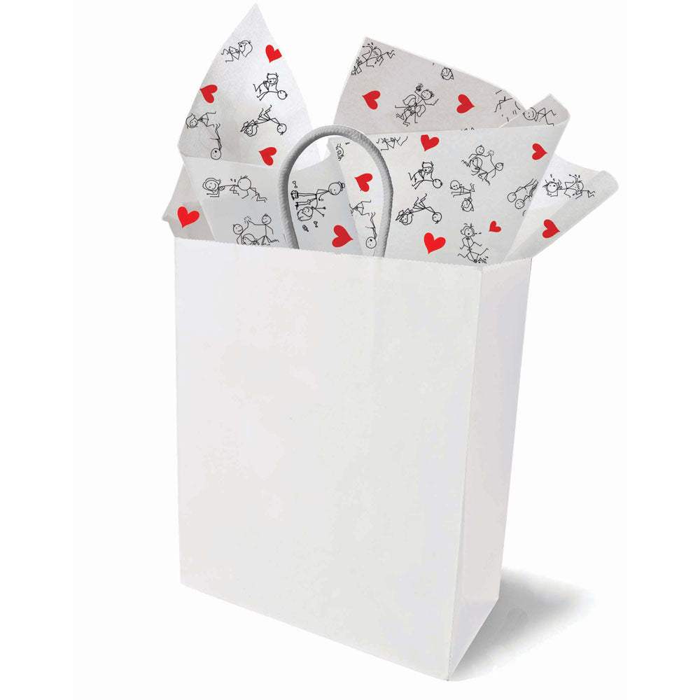 Naughty Stick Figure Tissue Paper Sheets - Novelty Decoration Sheets - 6 Pack in a white gift bag with hearts.
