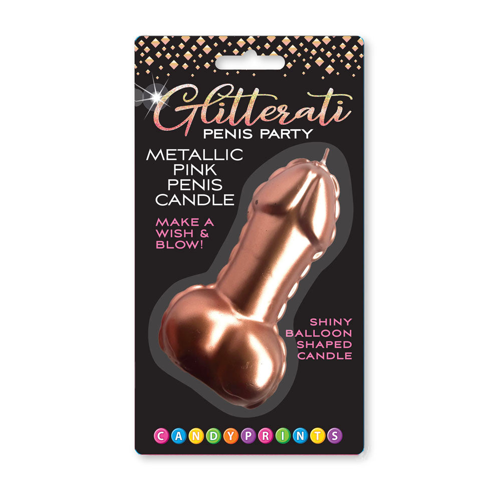 Glitterati Metallic Pink Penis Candle -  10 cm Penis Party Candle displayed in packaging with shiny balloon shape.