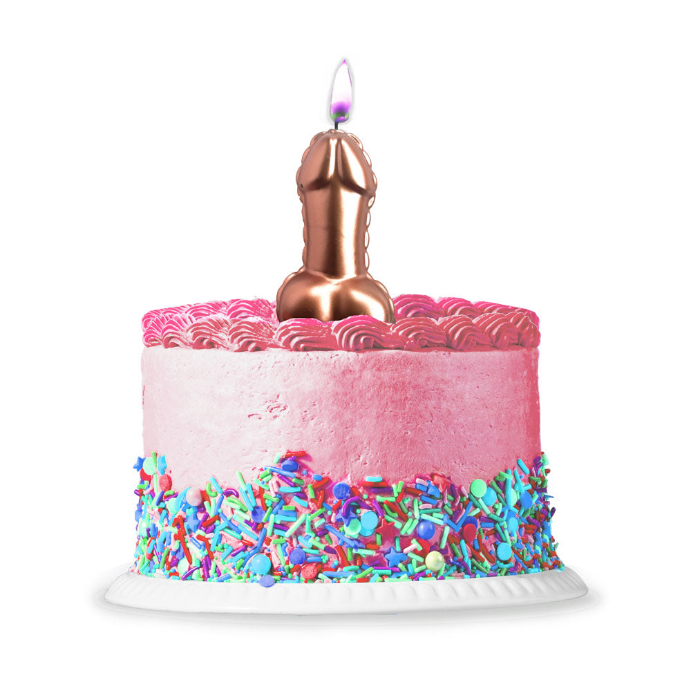 Glitterati Metallic Pink Penis Candle -  10 cm Penis Party Candle on a colorful cake with sprinkles.