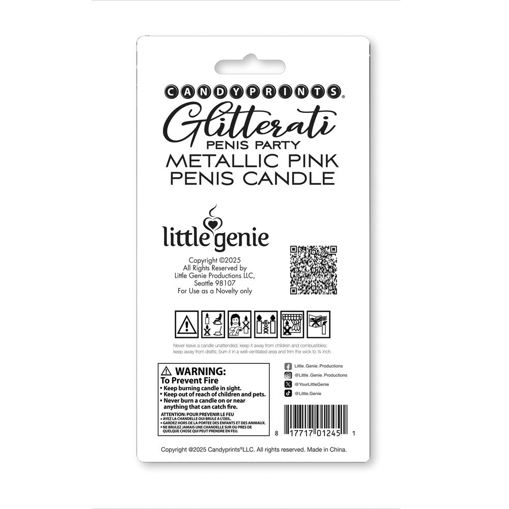Glitterati Metallic Pink Penis Candle - 10 cm Penis Party Candle packaging with details and warning.