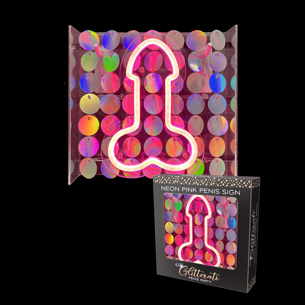 Glitterati Neon  Penis Sign - Novelty Neon Light glowing over a sparkling sequin backdrop with packaging.