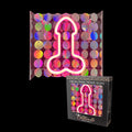 Glitterati Neon  Penis Sign - Novelty Neon Light glowing over a sparkling sequin backdrop with packaging.
