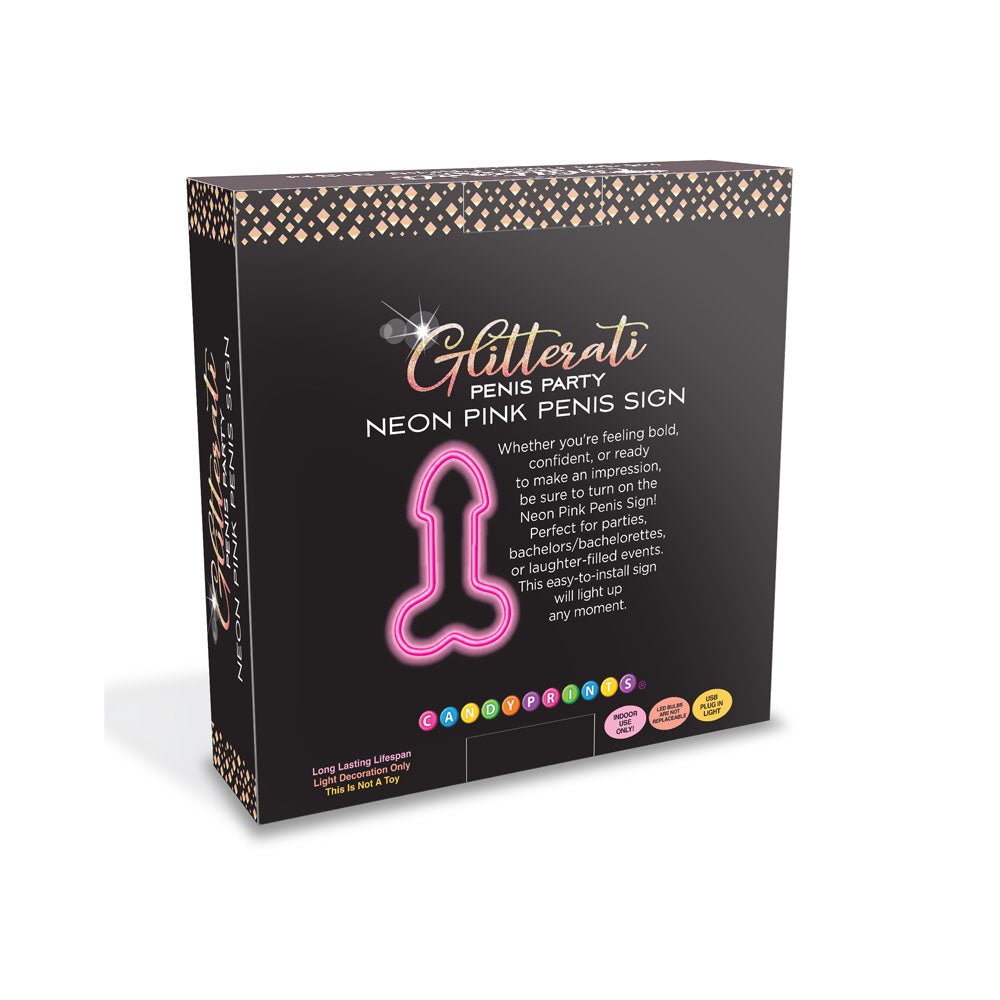 Glitterati Neon  Penis Sign - Novelty Neon Light packaging featuring a vibrant pink neon penis design for parties.