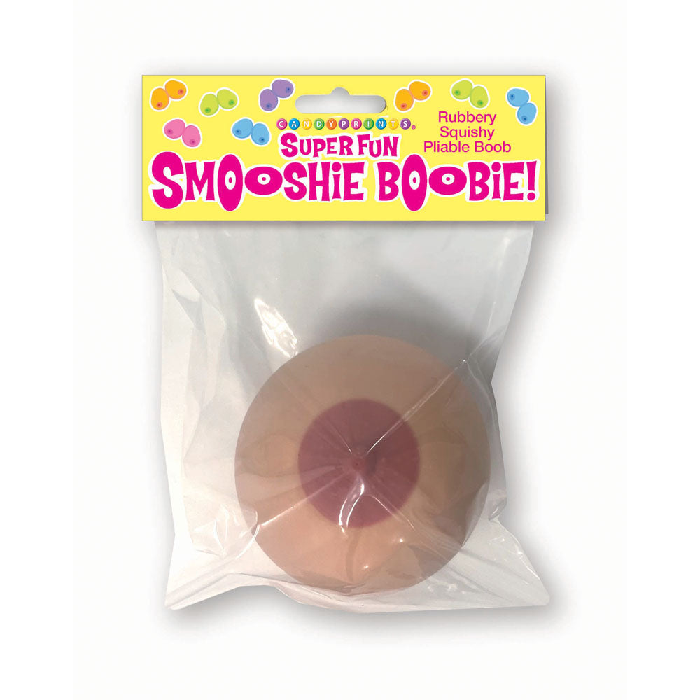 Super Fun Smooshie Boobie novelty stress ball in packaging, perfect for stress relief and fun.