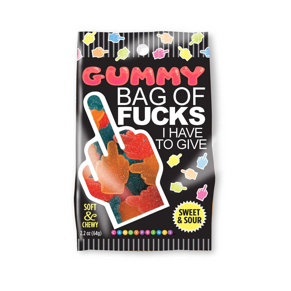 Gummy Bag Of Fucks I Have To Give - Soft & Chewy Sour Gummy Lollies - 64 gram Bag packaging with fun design.