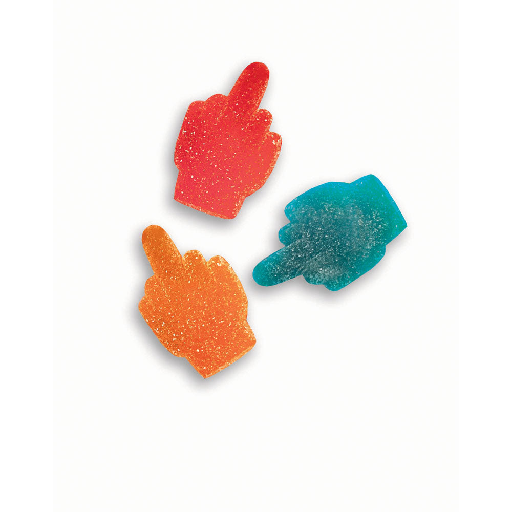 Gummy Bag Of Fucks I Have To Give - Soft & Chewy Sour Gummy Lollies - 64 gram Bag with middle-finger shapes.