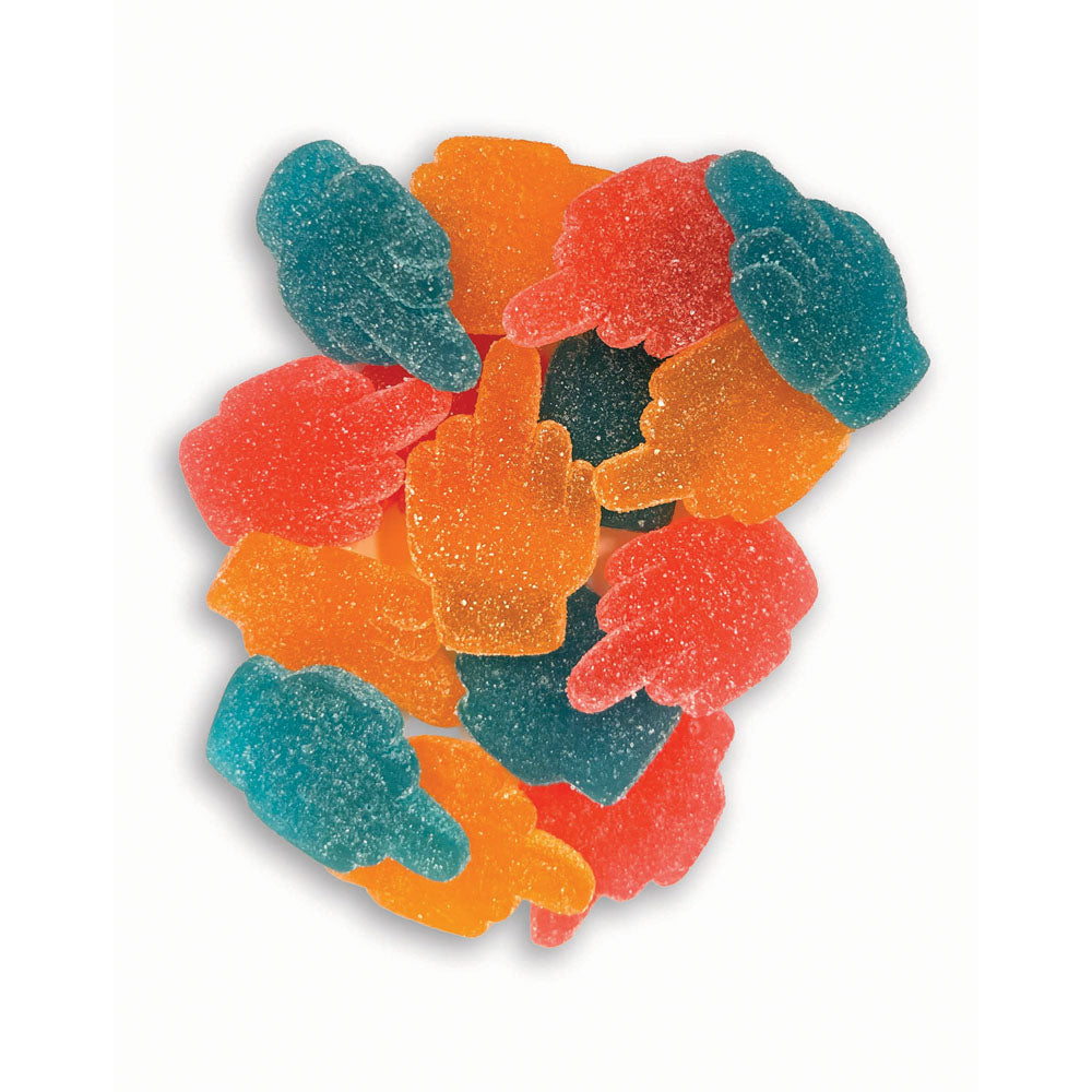 Gummy Bag Of Fucks I Have To Give - Soft & Chewy Sour Gummy Lollies - 64 gram Bag with colorful middle-finger shapes.