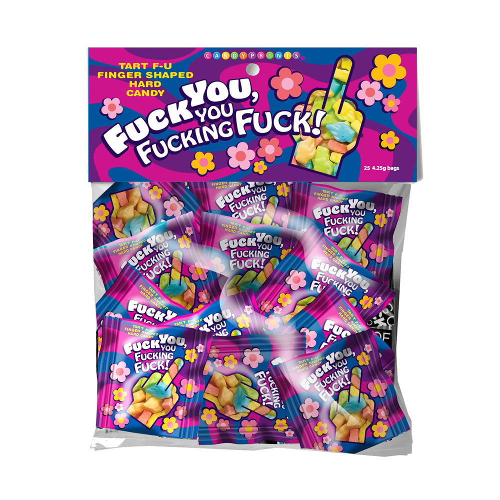 Bag of 25 middle finger lollipops bulk with colorful packaging and sassy candy design.
