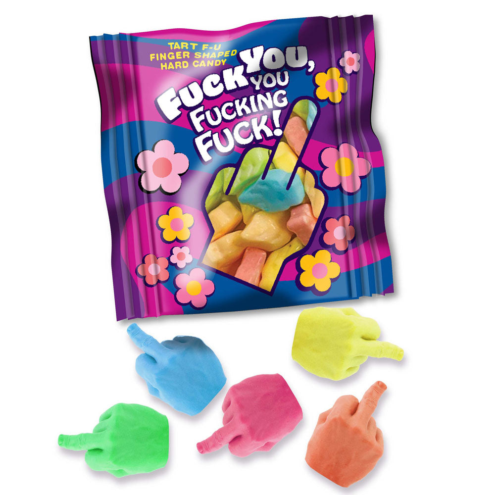 Bag of 25 middle finger lollipops bulk with colorful finger-shaped hard candies.