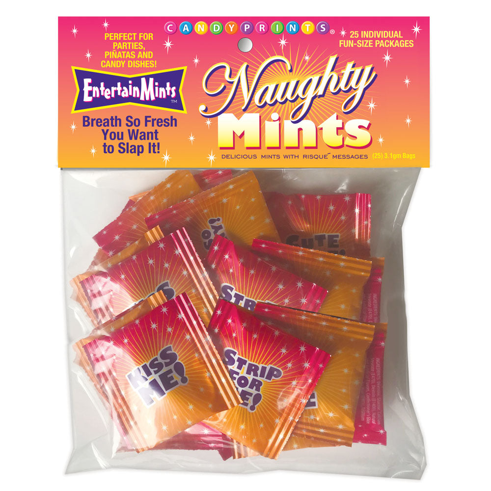 Naughty Mints - Bulk Bag of 25 Party Packs with mini-packs featuring suggestive messages for fun occasions.
