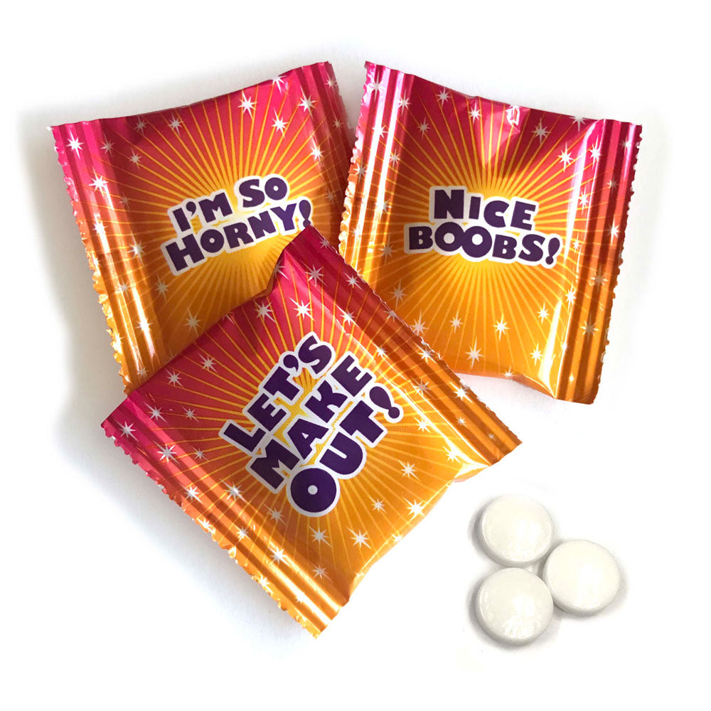 Naughty Mints - Bulk Bag of 25 Party Packs featuring playful wrappers with cheeky messages.